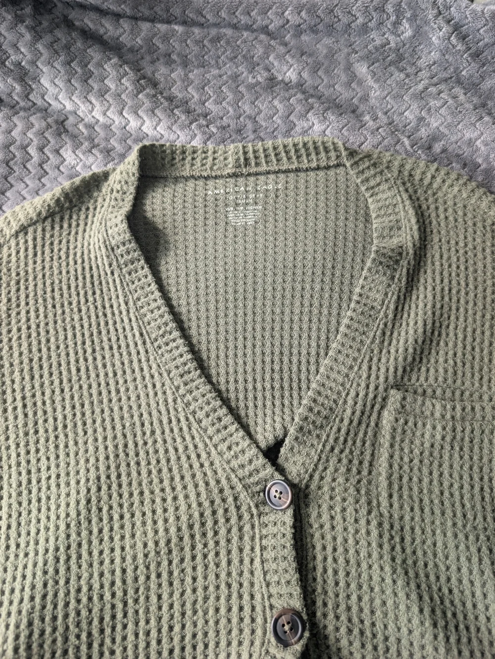 American Eagle Outfitters Olive Green Waffle-Knit Cropped Cardigan